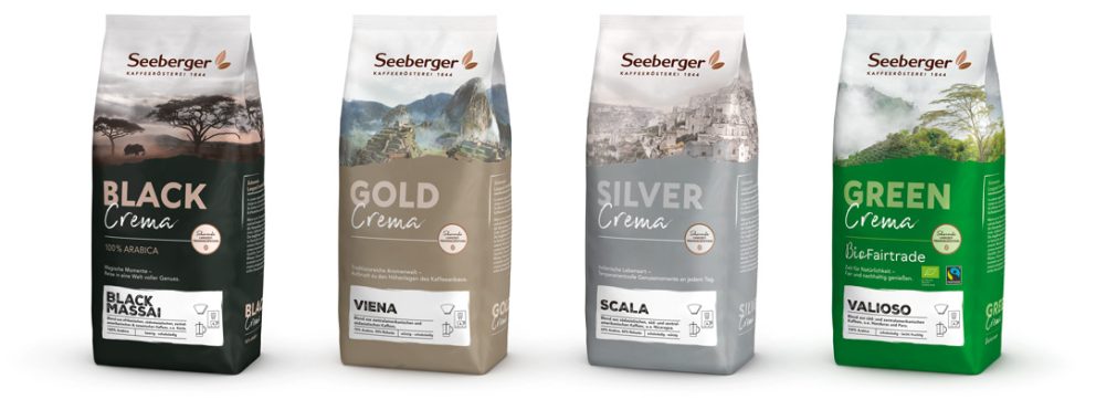 Vier Kaffeeverpackungen der verschiedenen Seeberger Kaffeelabels