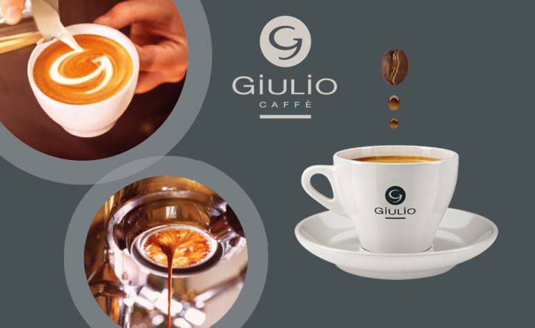 Giulio Logo mit Kaffeetasse und Bilder von Siebträger und Latte Art